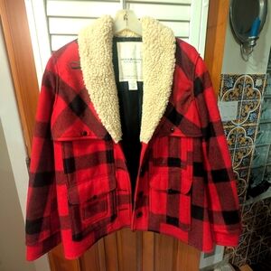 Shearling lapel buffalo plaid